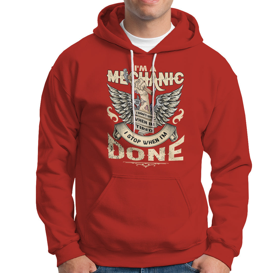 Red mechanic graphic hoodie with front pocket and drawstring hood