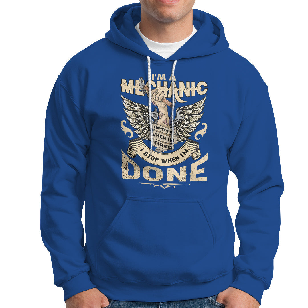 Royal blue mechanic graphic hoodie with front pocket and drawstring hood