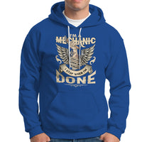 Royal blue mechanic graphic hoodie with front pocket and drawstring hood