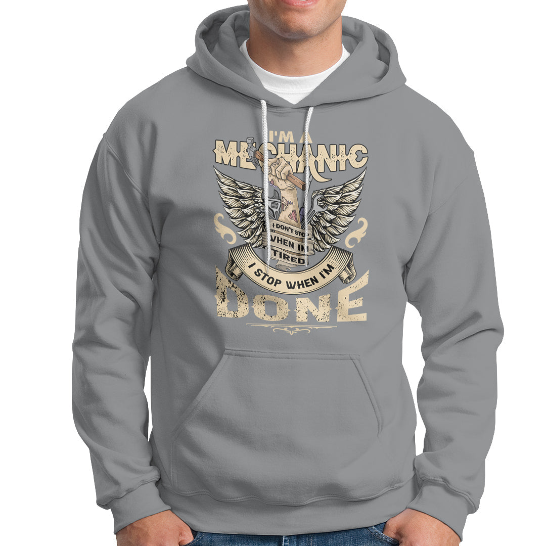 Sport gray mechanic graphic hoodie with front pocket and drawstring hood