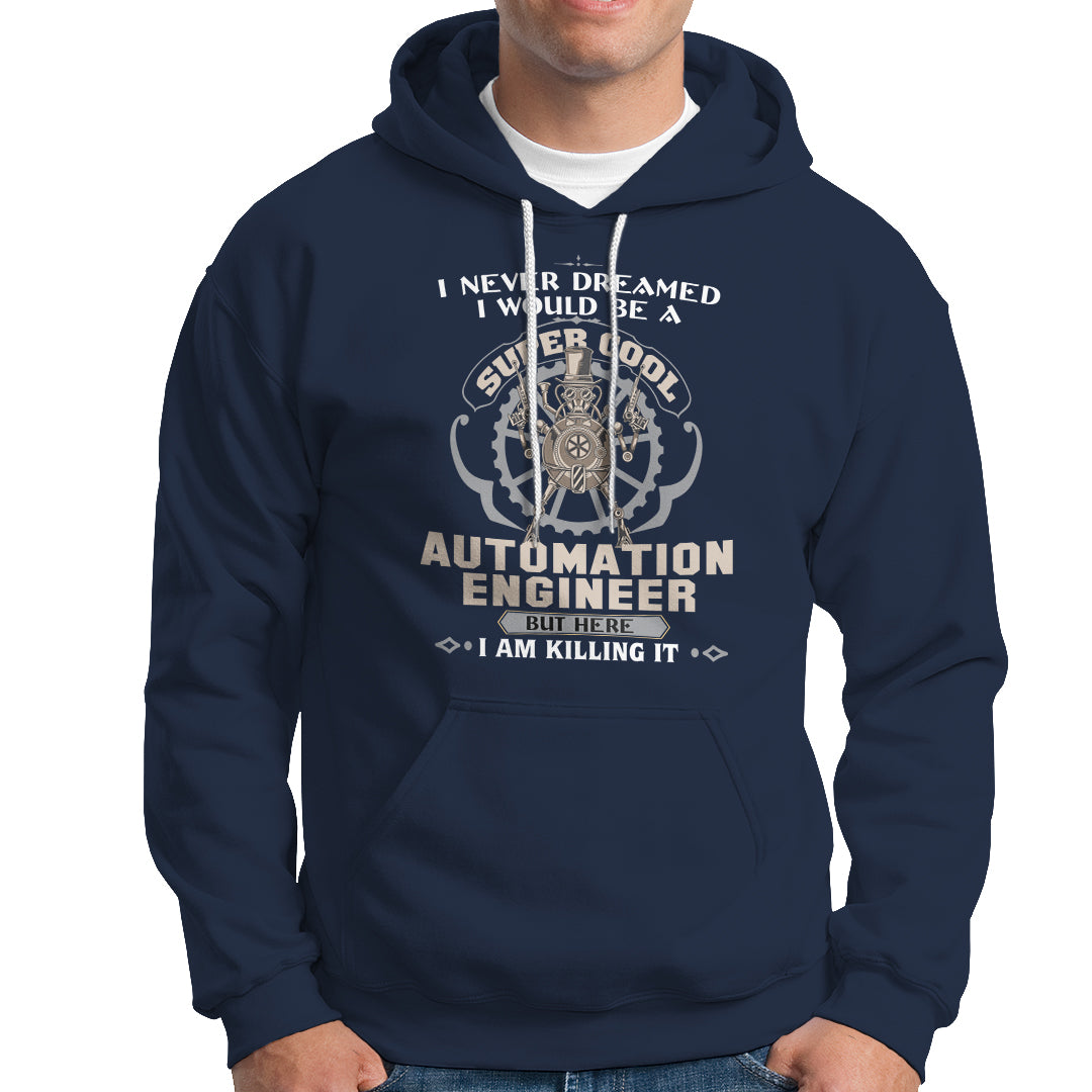 Navy automation engineer hoodie with front graphic logo and kangaroo pocket