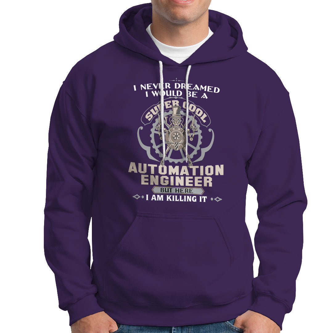 Purple automation engineer hoodie with front graphic logo and kangaroo pocket