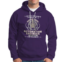 Purple automation engineer hoodie with front graphic logo and kangaroo pocket