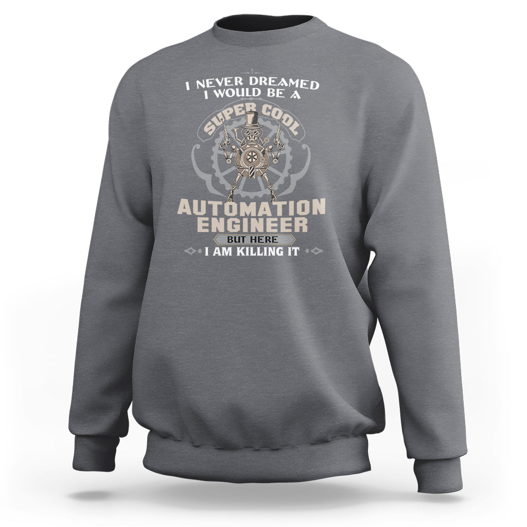 Heather gray crewneck sweatshirt with 'Automation Engineer' graphic and gear badge on chest.