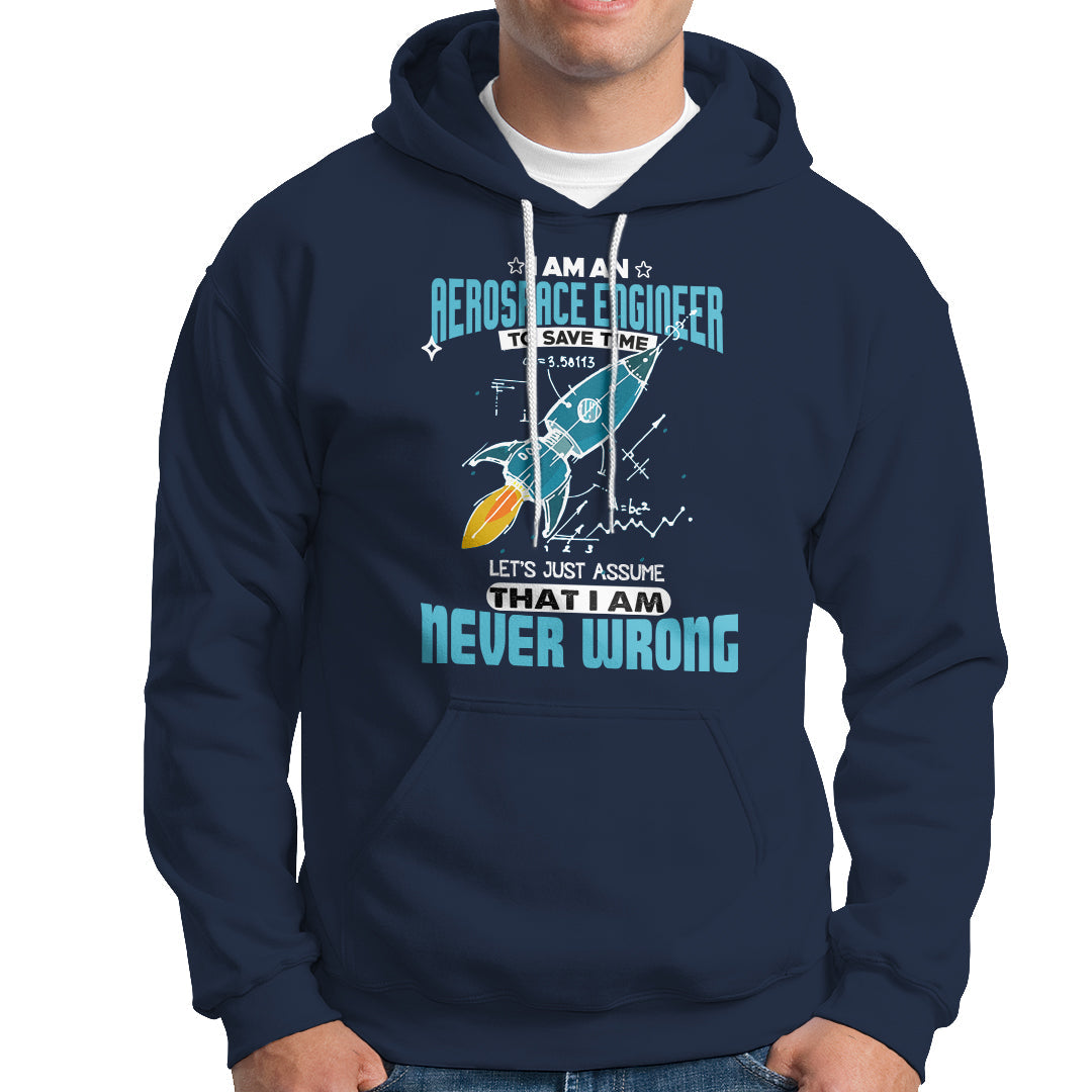 Navy hoodie with front kangaroo pocket, hood drawstrings, aerospace graphic