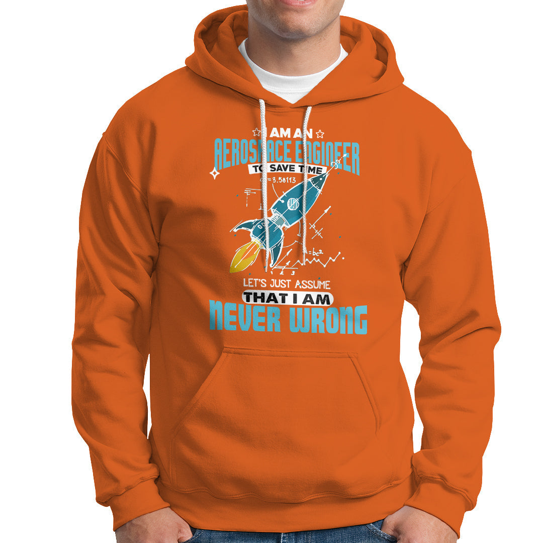 Orange hoodie with front kangaroo pocket, hood drawstrings, aerospace graphic