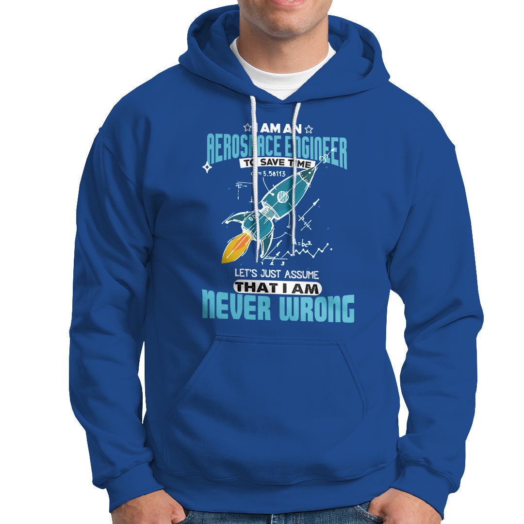 Royal blue hoodie with front kangaroo pocket, hood drawstrings, aerospace graphic