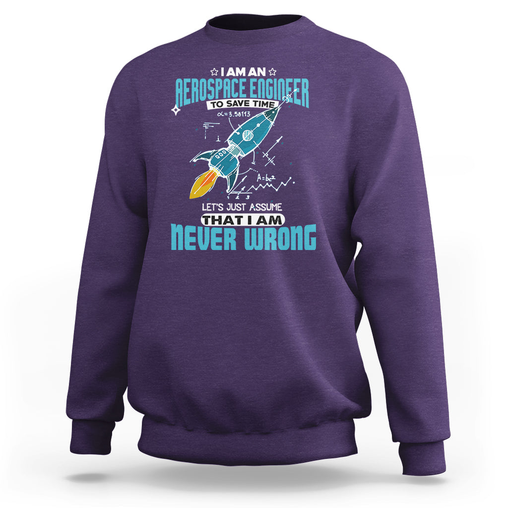 Purple crewneck sweatshirt with colorful astronaut graphic and tech-style text print on chest