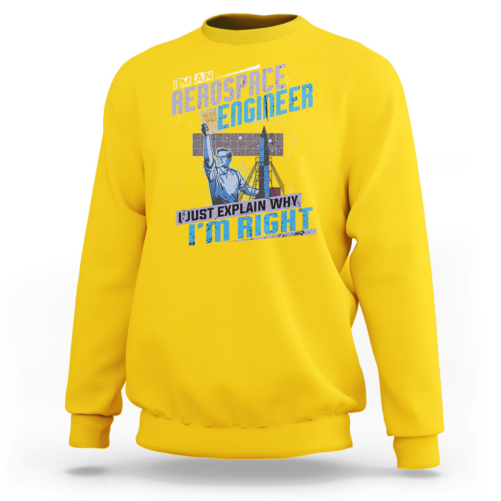 Daisy yellow crewneck sweatshirt with space engineer graphic and slogan on the front, long sleeves.