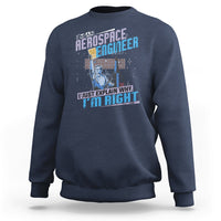 Navy crewneck sweatshirt with space engineer graphic and slogan on the front, long sleeves.
