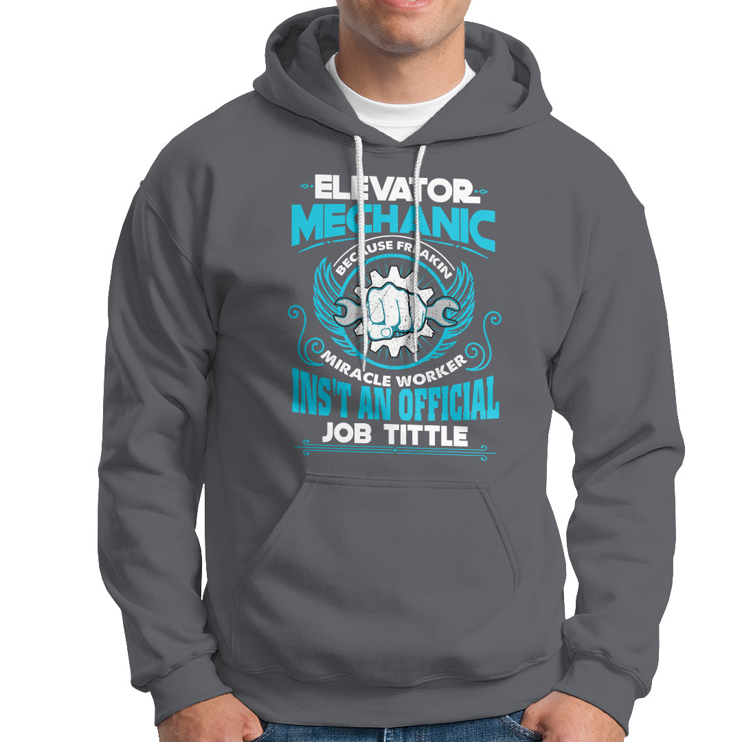 Charcoal gray hoodie with front pouch pocket and large chest work graphic