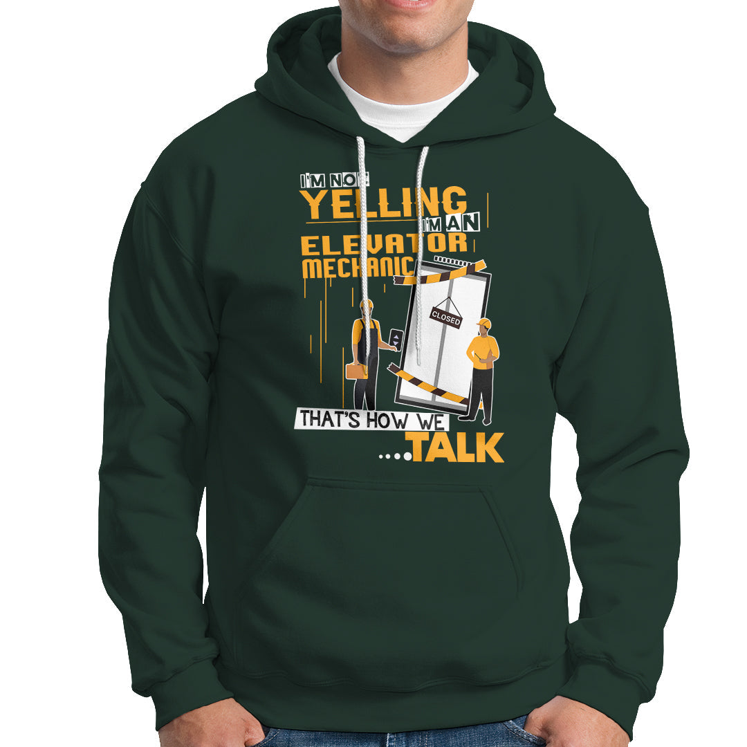 Dark forest green hoodie with large front mechanic graphic, hood, and kangaroo pocket