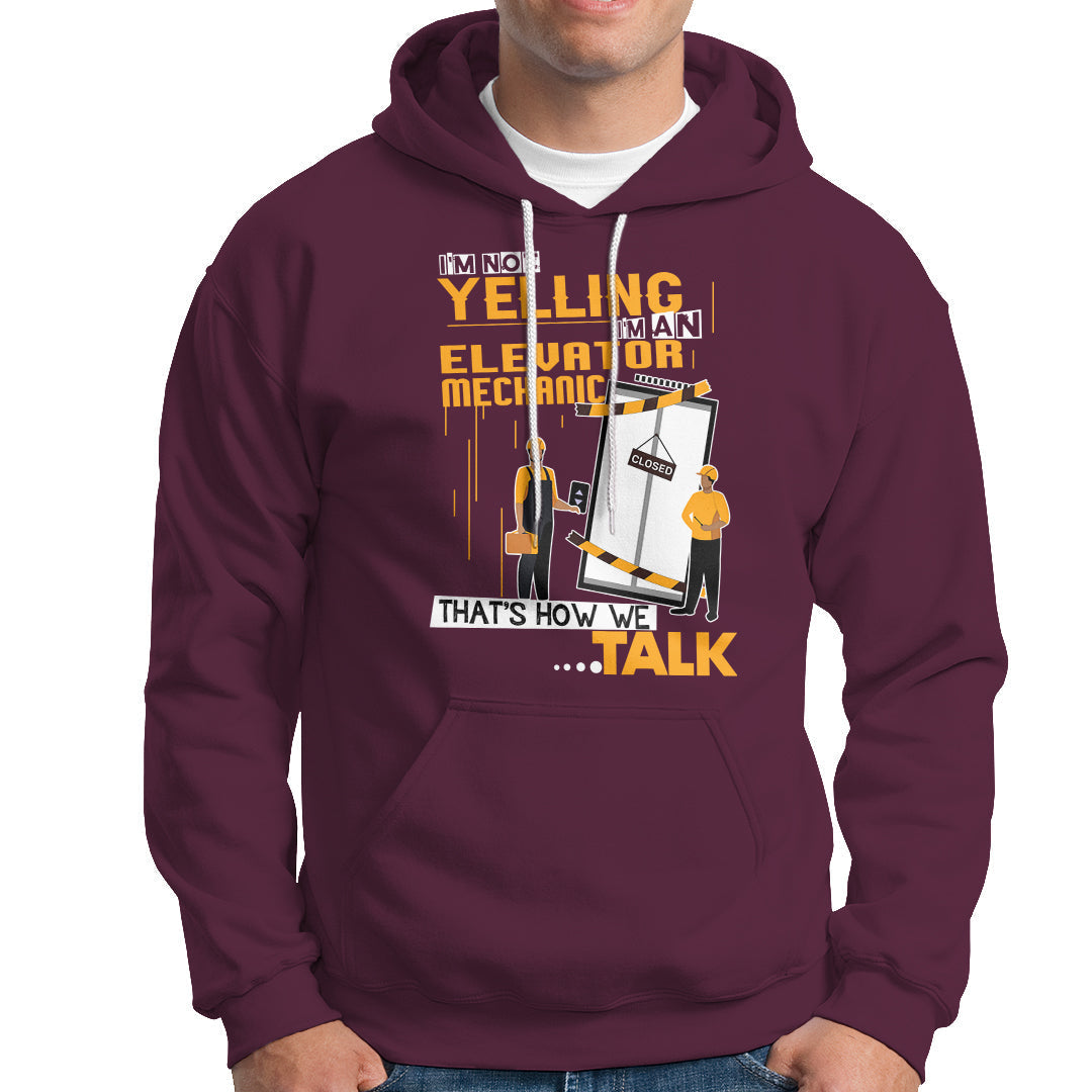 Maroon hoodie with large front mechanic graphic, hood, and kangaroo pocket