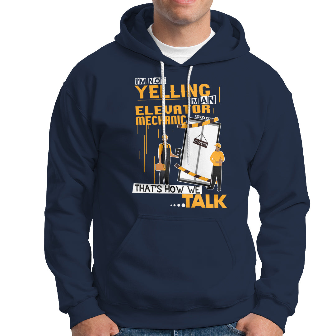 Navy hoodie with large front mechanic graphic, hood, and kangaroo pocket