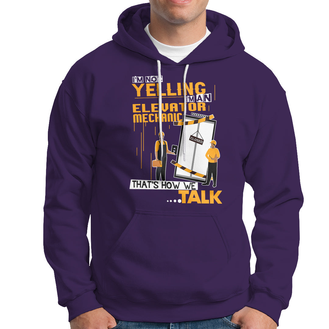 Purple hoodie with large front mechanic graphic, hood, and kangaroo pocket