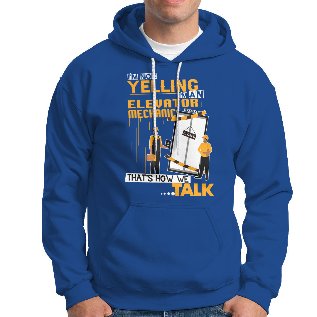 Royal blue hoodie with large front mechanic graphic, hood, and kangaroo pocket