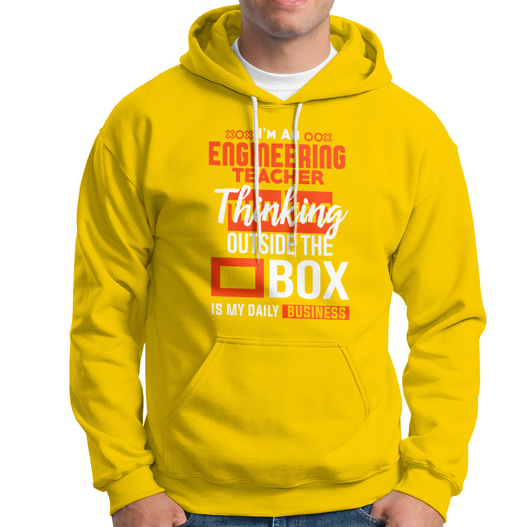 Daisy yellow hoodie with kangaroo pocket, drawstring hood, and orange engineer teacher graphic