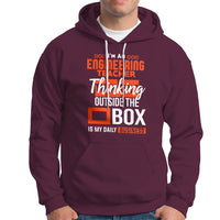 Maroon hoodie with kangaroo pocket, drawstring hood, and orange engineer teacher graphic
