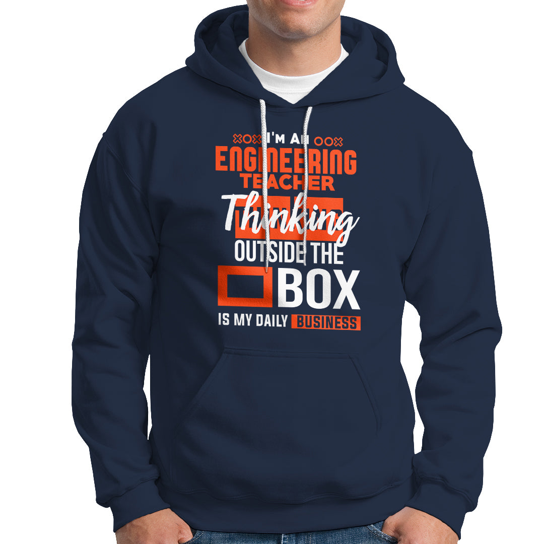 Navy hoodie with kangaroo pocket, drawstring hood, and orange engineer teacher graphic