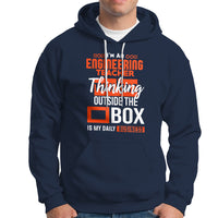 Navy hoodie with kangaroo pocket, drawstring hood, and orange engineer teacher graphic