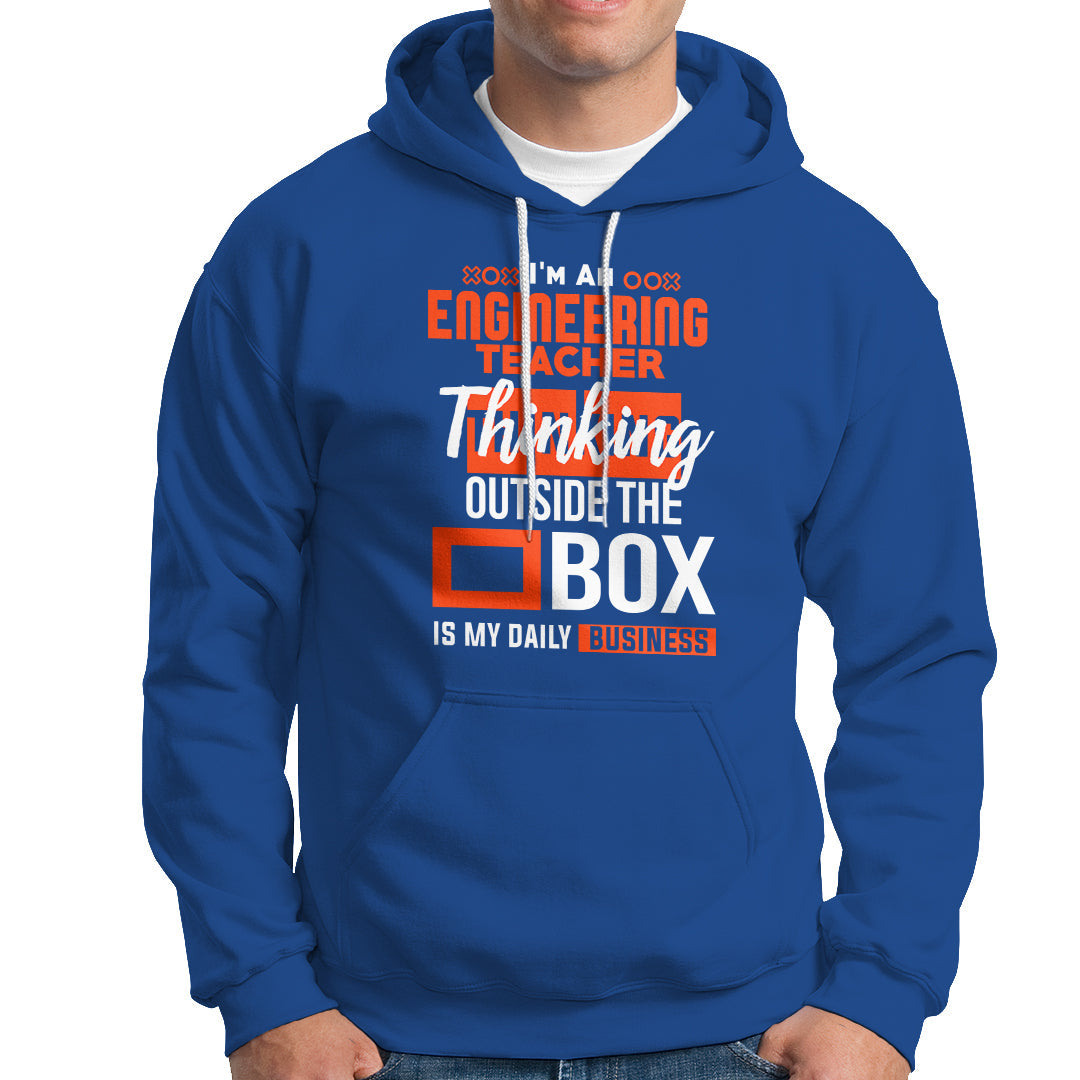 Royal blue hoodie with kangaroo pocket, drawstring hood, and orange engineer teacher graphic