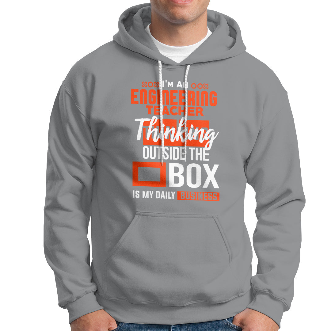 Sport gray hoodie with kangaroo pocket, drawstring hood, and orange engineer teacher graphic