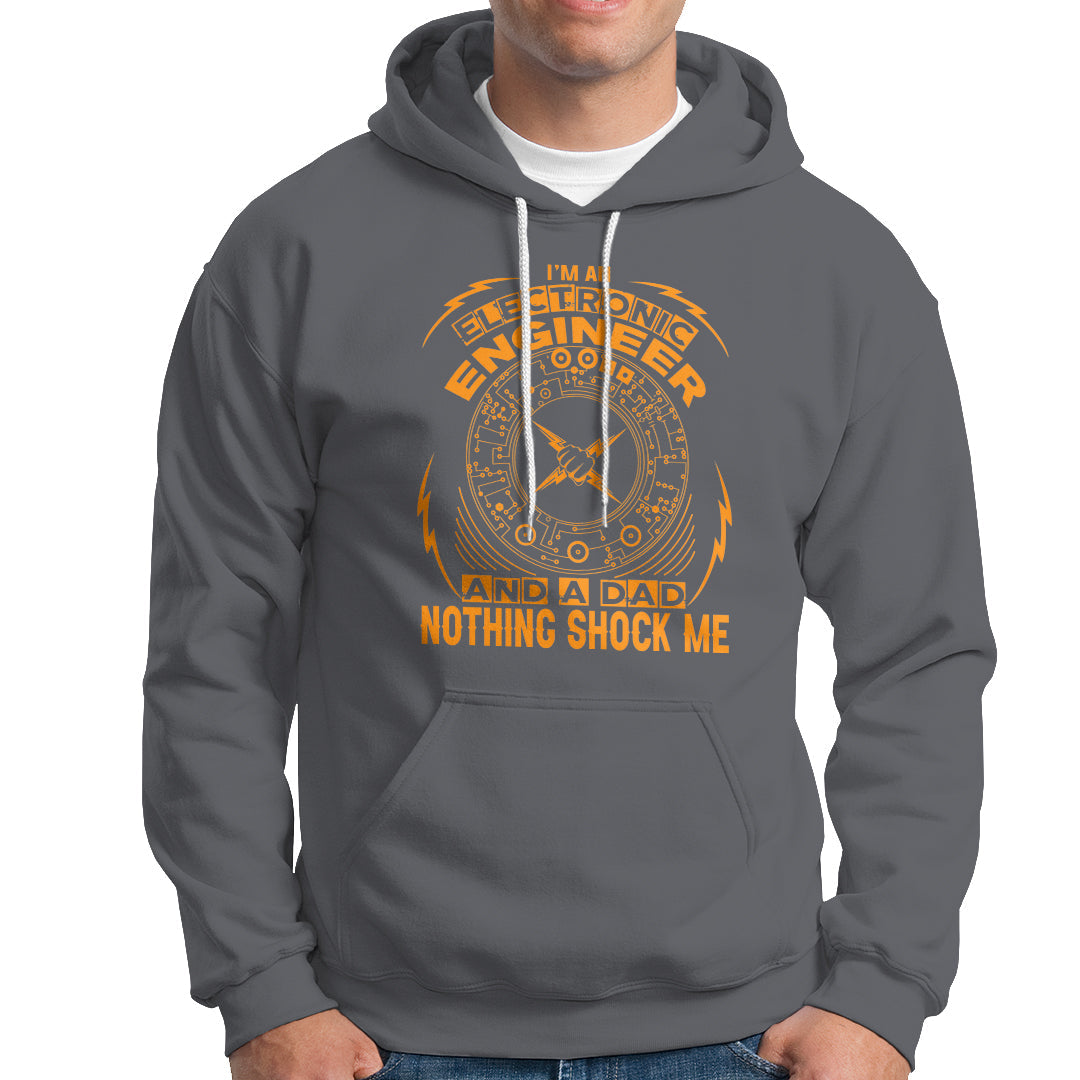 Charcoal gray hoodie with large “Engineer” graphic and text “NOTHING SHOCK ME” on front