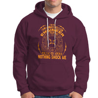 Maroon hoodie with large “Engineer” graphic and text “NOTHING SHOCK ME” on front