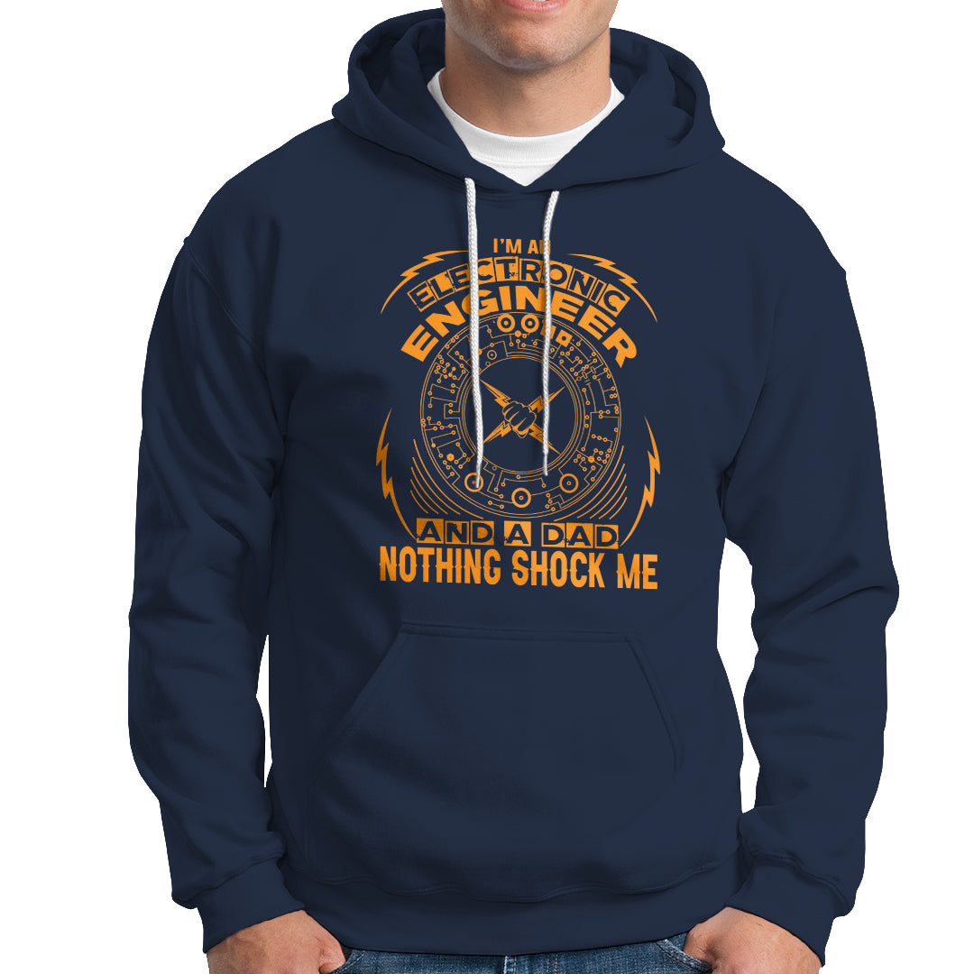 Navy hoodie with large “Engineer” graphic and text “NOTHING SHOCK ME” on front