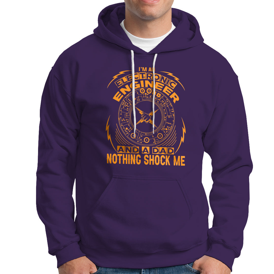 Purple hoodie with large “Engineer” graphic and text “NOTHING SHOCK ME” on front