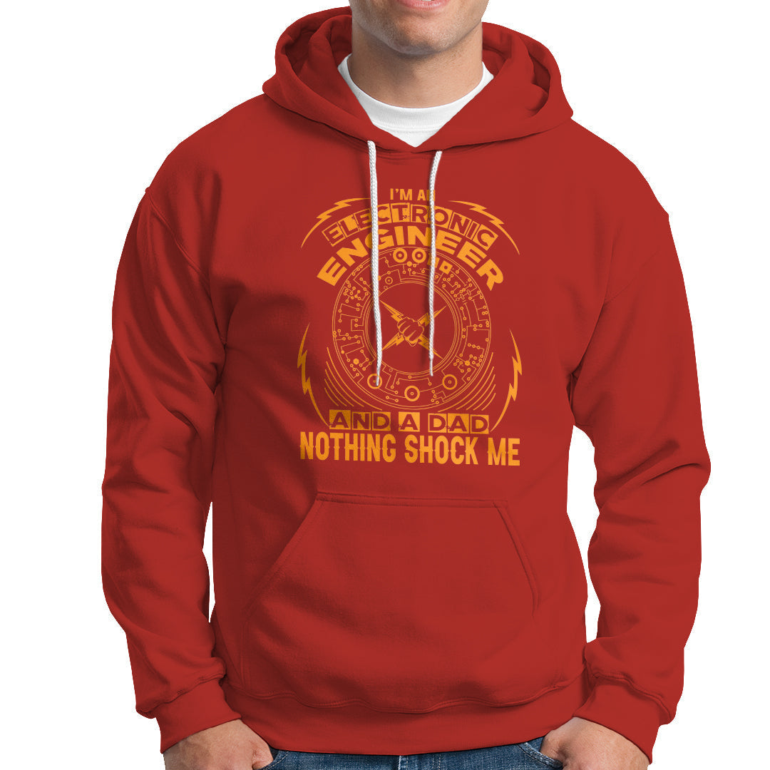Red hoodie with large “Engineer” graphic and text “NOTHING SHOCK ME” on front