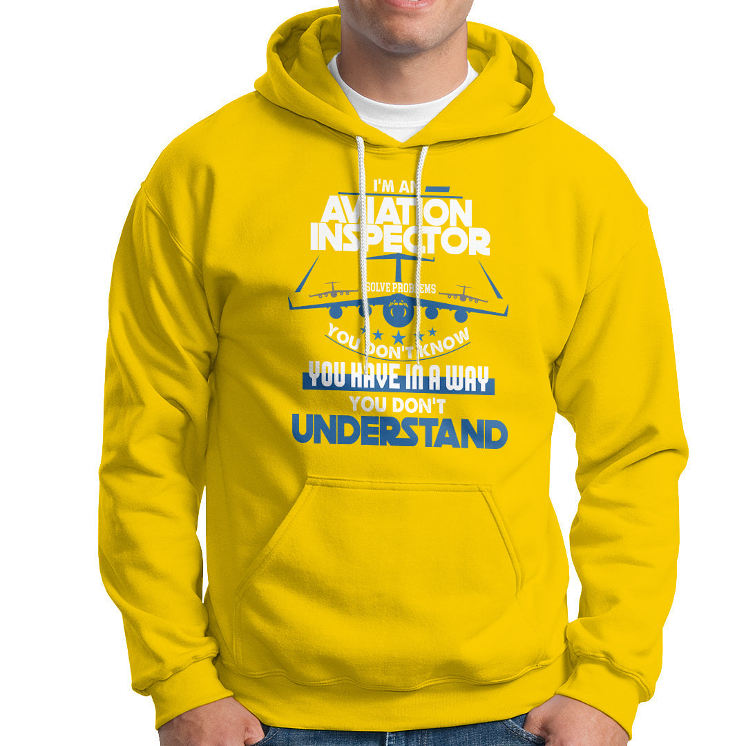 Daisy yellow hoodie with aviation-themed “Inspector” graphic on the chest and front pocket.