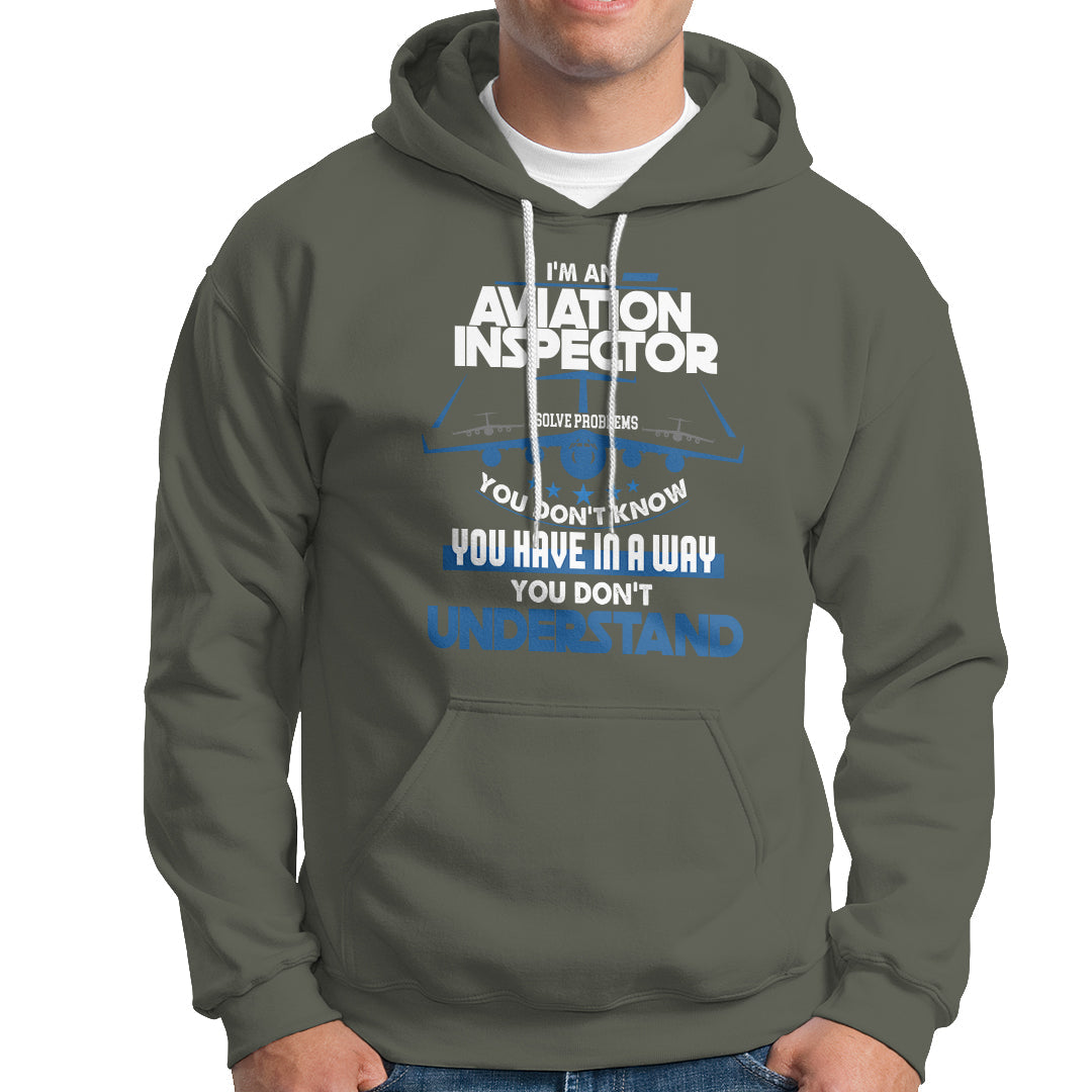 Military green hoodie with aviation-themed “Inspector” graphic on the chest and front pocket.