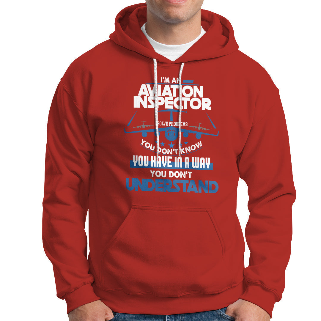 Red hoodie with aviation-themed “Inspector” graphic on the chest and front pocket.