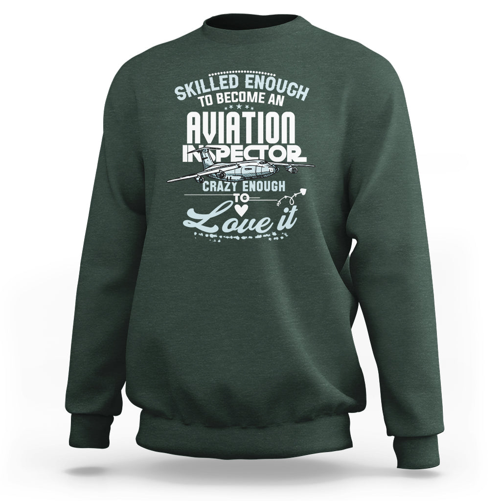 Aviation inspector sweatshirt in dark forest green with back graphic text print.