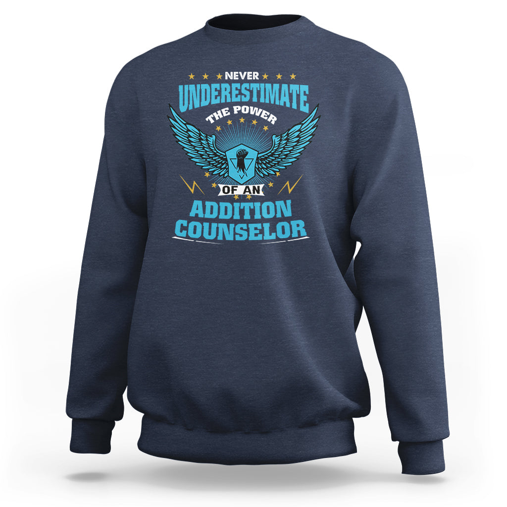 Navy crewneck sweatshirt with front eagle graphic and 'Addiction Counselor' text