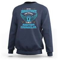 Navy crewneck sweatshirt with front eagle graphic and 'Addiction Counselor' text