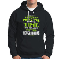 Black assistant principal slogan hoodie with front graphic, kangaroo pocket, and drawstring hood.