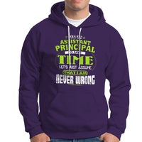 Purple assistant principal slogan hoodie with front graphic, kangaroo pocket, and drawstring hood.