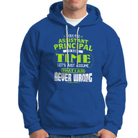Royal blue assistant principal slogan hoodie with front graphic, kangaroo pocket, and drawstring hood.