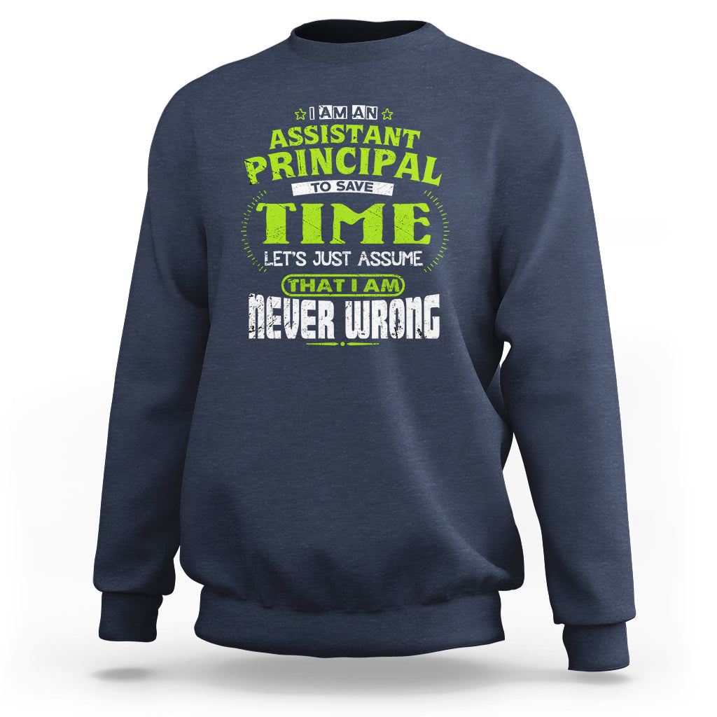 Navy crewneck sweatshirt with colorful assistant principal time graphic on chest