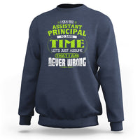 Navy crewneck sweatshirt with colorful assistant principal time graphic on chest