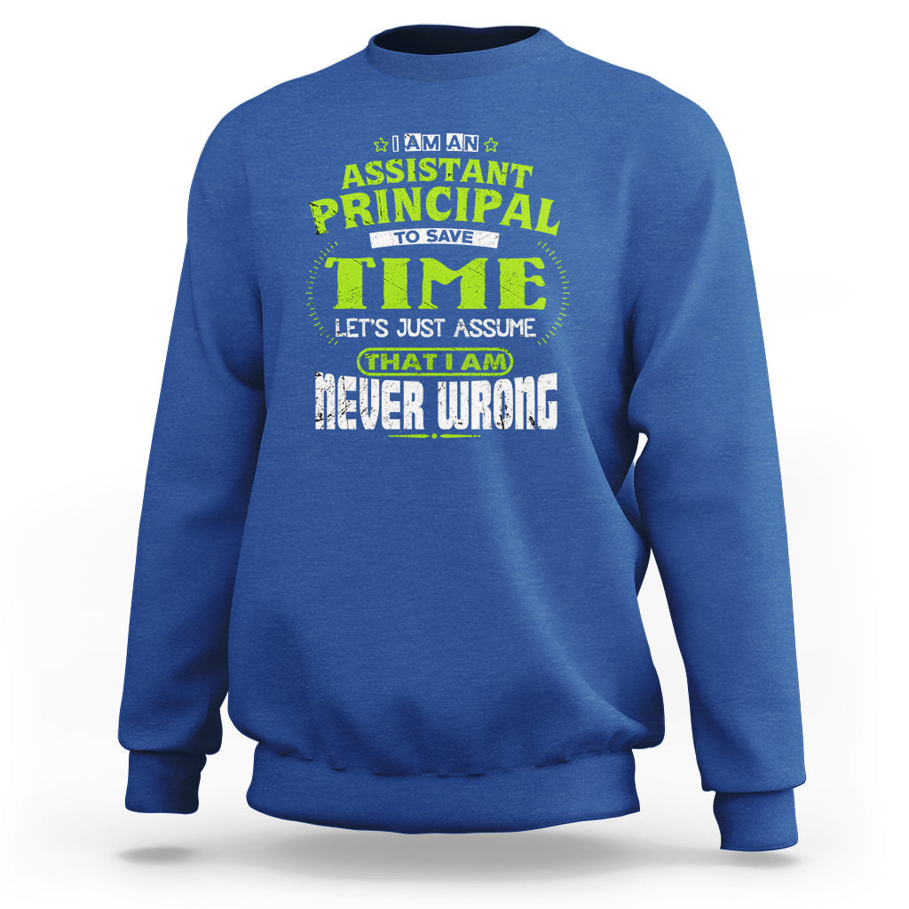 Royal blue crewneck sweatshirt with colorful assistant principal time graphic on chest