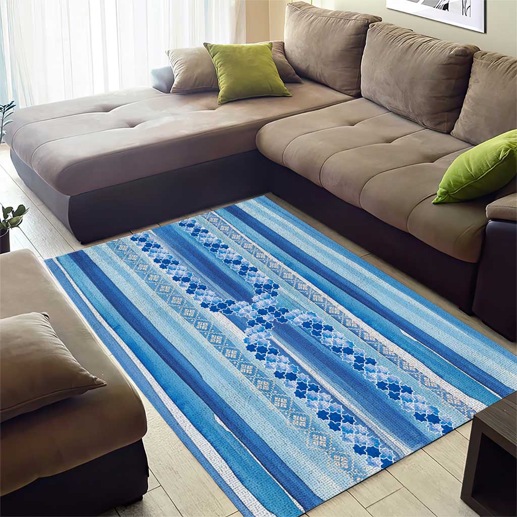Tunisian Mosaic Pattern Area Rug with Blue Stripes and Traditional Tile Design
