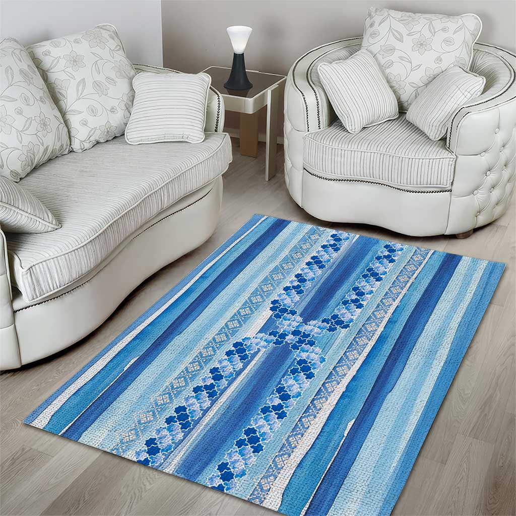 Tunisian Mosaic Pattern Area Rug with Blue Stripes and Traditional Tile Design