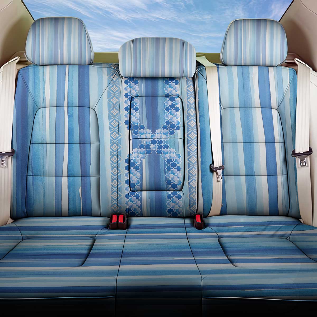 Tunisian Mosaic Pattern Back Car Seat Cover with Blue Stripes and Traditional Tile Design