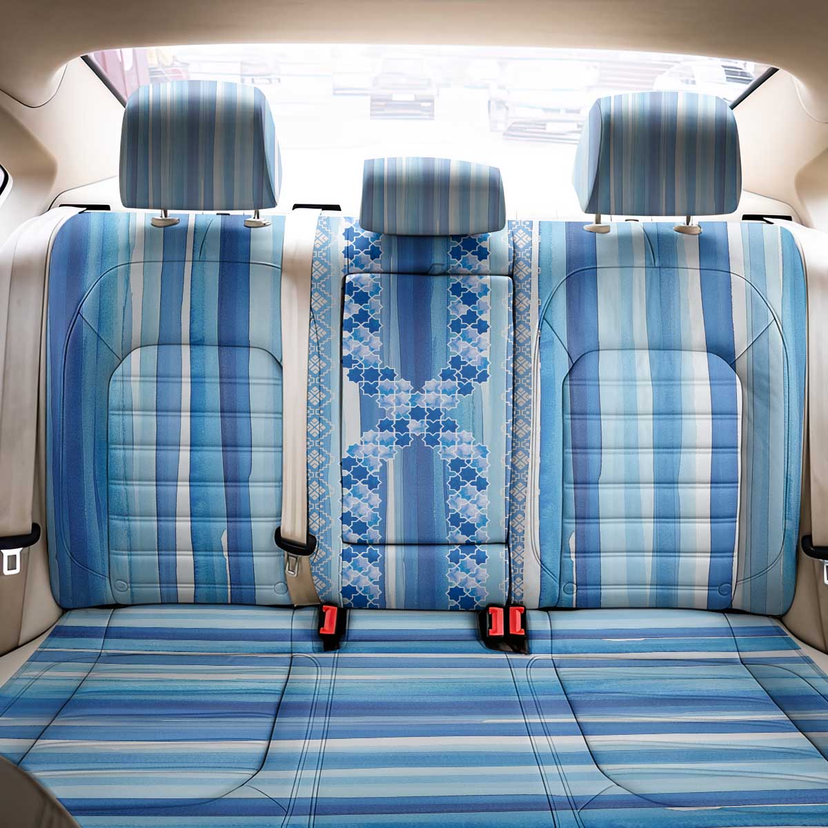 Tunisian Mosaic Pattern Back Car Seat Cover with Blue Stripes and Traditional Tile Design