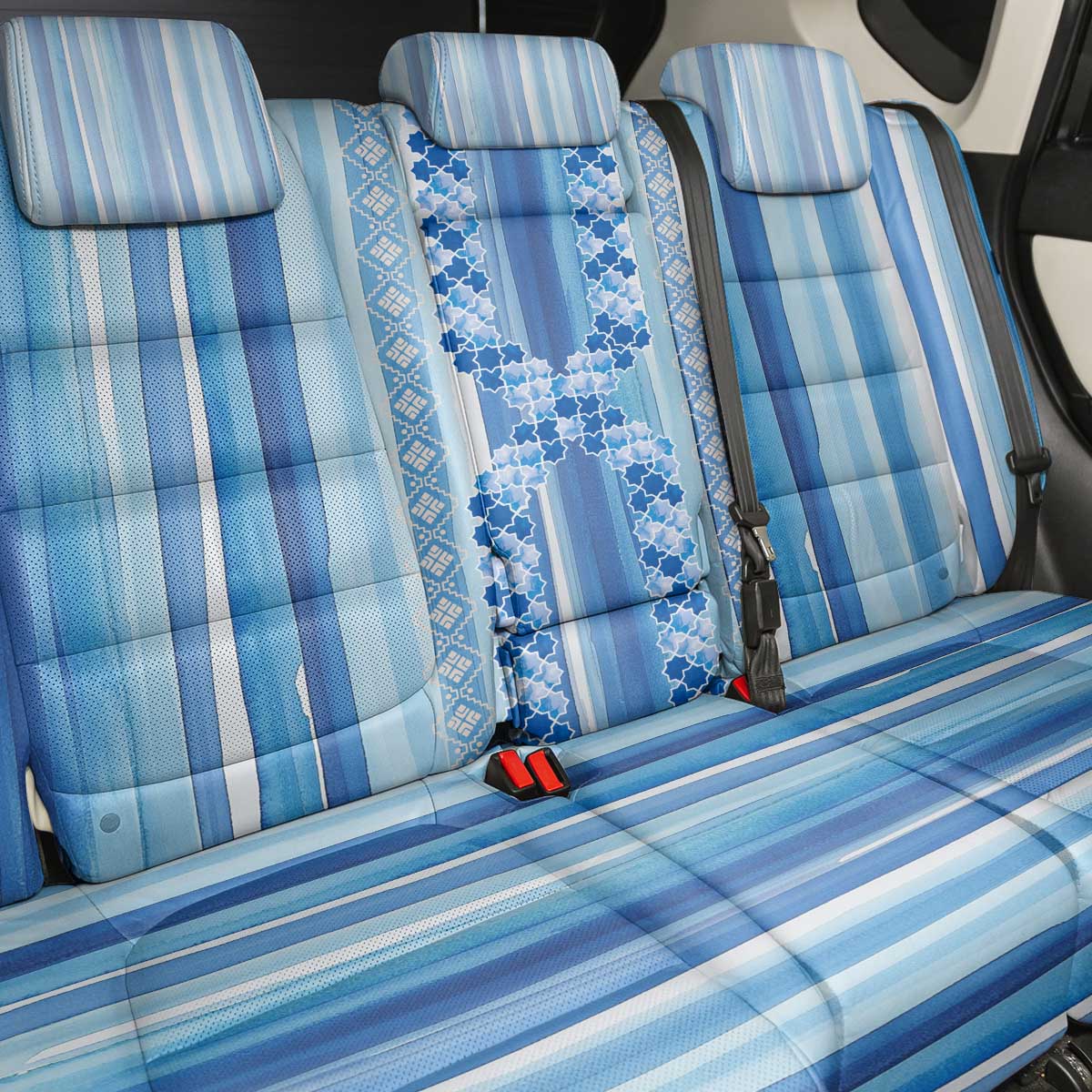 Tunisian Mosaic Pattern Back Car Seat Cover with Blue Stripes and Traditional Tile Design