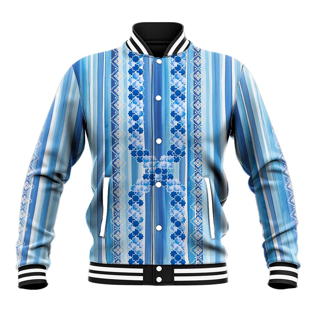 Tunisian Mosaic Pattern Baseball Jacket with Blue Stripes and Traditional Tile Design