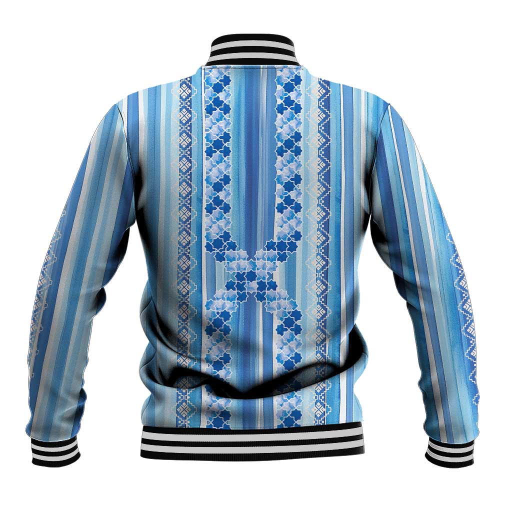 Tunisian Mosaic Pattern Baseball Jacket with Blue Stripes and Traditional Tile Design